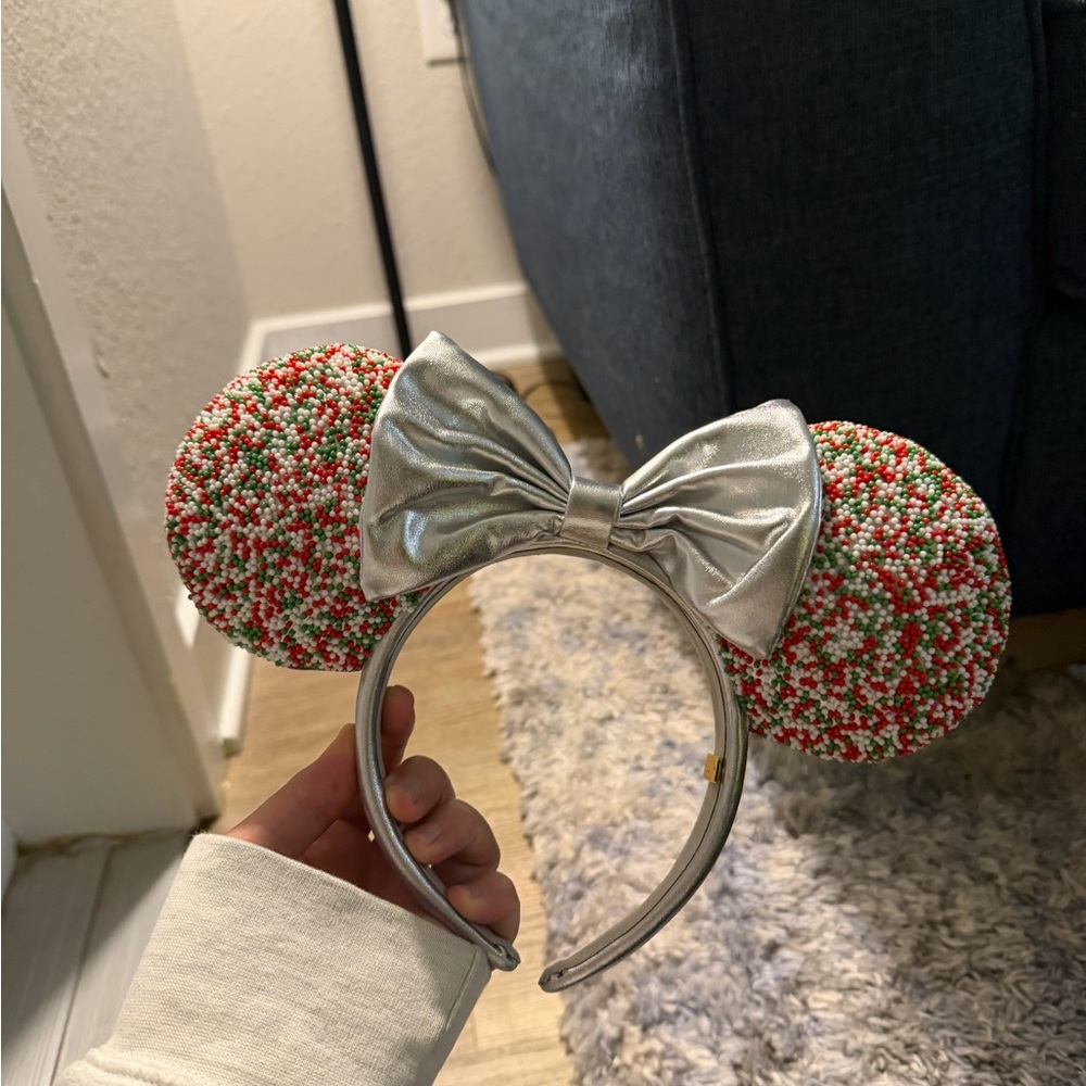 Silver Bow Disney Headband with Red and Green Ears Christmas